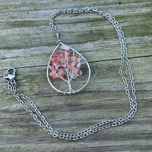 Cherry Quartz gemstone Tree of Life necklace stainless steel chain - Picture 5 of 9